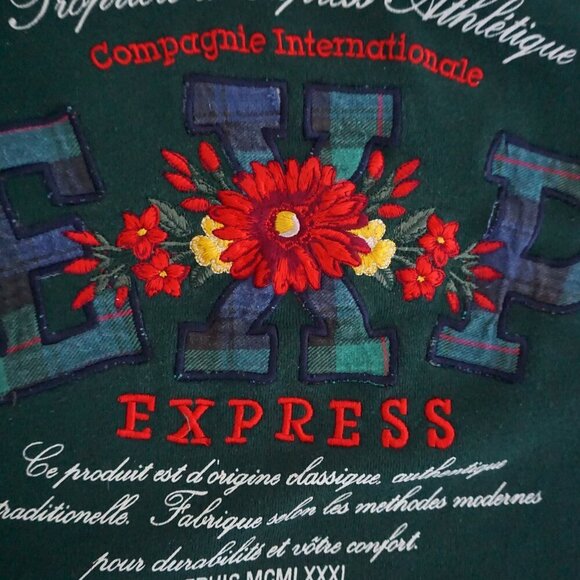 Vtg '90S Express Hunter Green Navy Embroidered Floral Cotton Crewneck Sweater XL - Picture 2 of 8